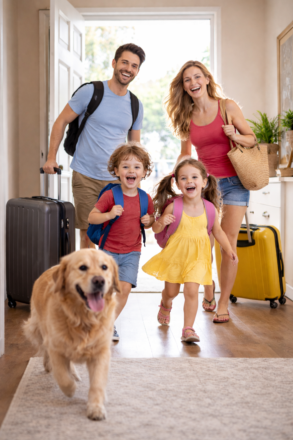 Glückliche Familie kommt mit Hund nach Hause