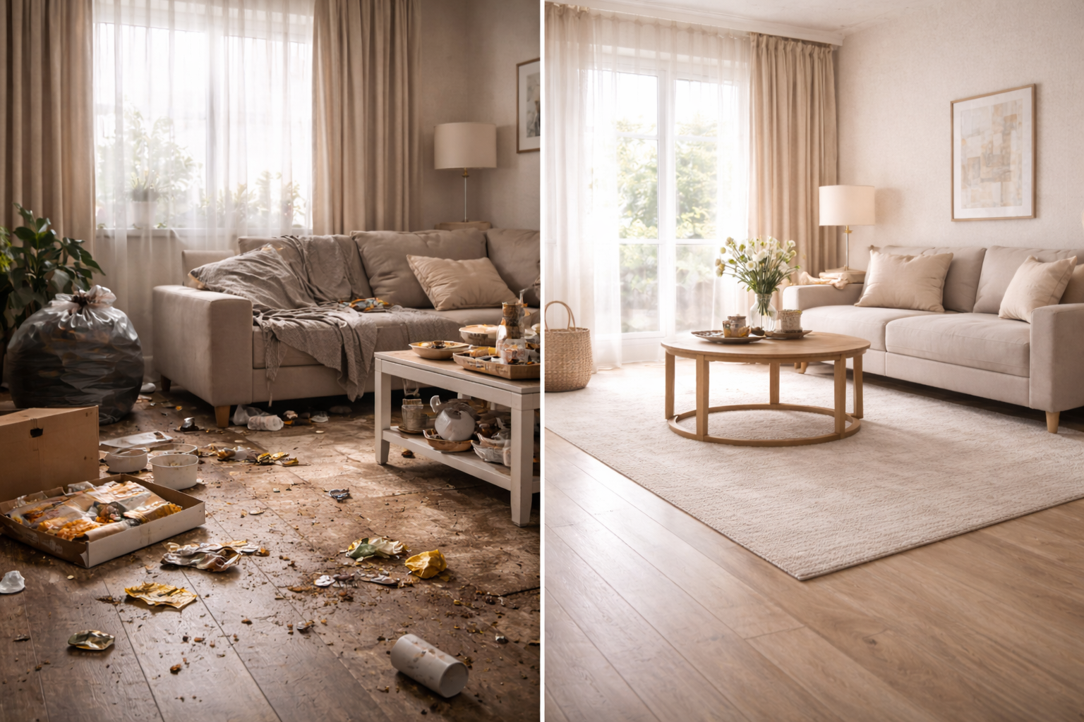Vorher-Nachher-Darstellung einer Wohnraumsituation mit Befall und sauberem Ergebnis danach