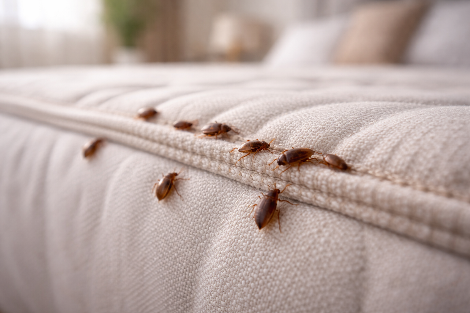 Detailaufnahme von Bettwanzen an einer Matratzennaht